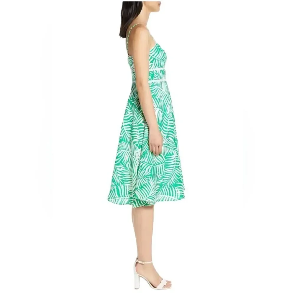 ELIZA J Tropical Linen Dress, Fit and Flare,  Midi length, green, size 12 - Picture 4 of 16